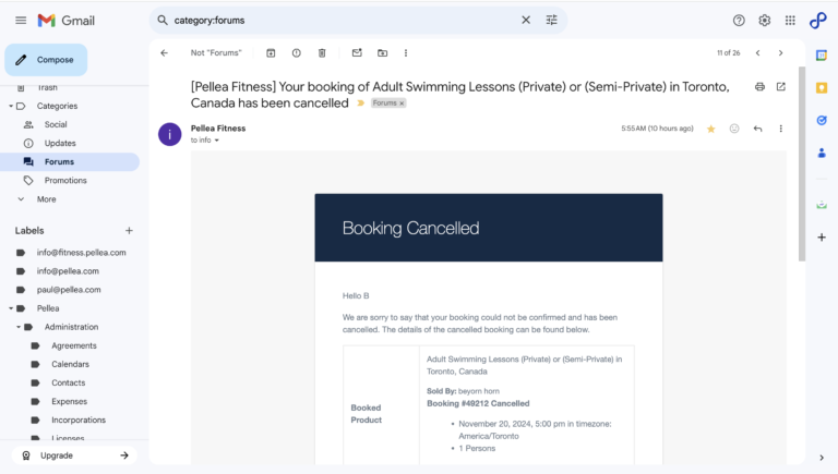 12.	Review the booking cancelled email.