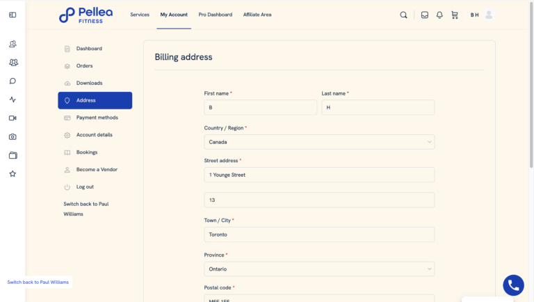 7.	Or go to https://fitness.pellea.com/staging-site-/my-account/edit-address/billing/.