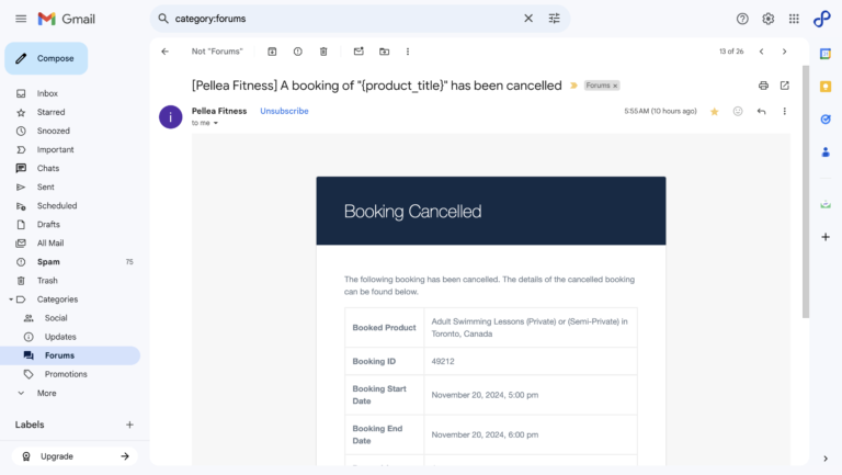 13.	Review the booking cancelled email.