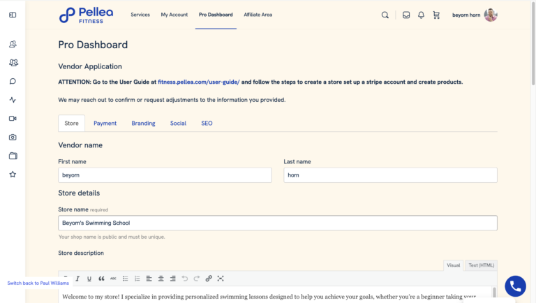 15.	Or go to https://fitness.pellea.com/pro-dashboard/settings/.