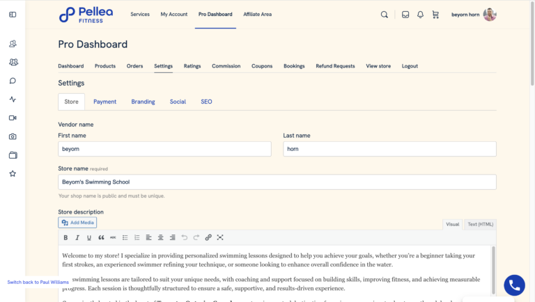 6.	Or go to https://fitness.pellea.com/pro-dashboard/settings/.