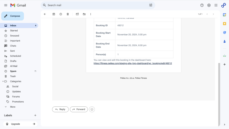 21.	Click on the https://fitness.pellea.com/staging-site-/pro-dashboard/wc_booking/edit/49212 link in the new booking email.