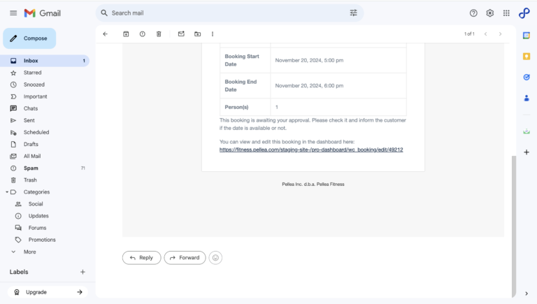 8.	Click on the https://fitness.pellea.com/staging-site-/pro-dashboard/wc_booking/edit/49212 link in the confirm booking email.