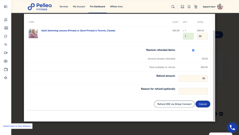 10.	Click “Refund $ via Stripe Connect”.