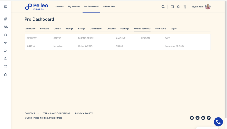 13.	Go to https://fitness.pellea.com/pro-dashboard/wcv_refund_request/.