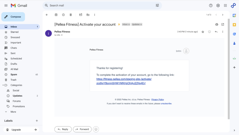 17.	Click on the https://fitness.pellea.com/staging-site-/activate/zcd5gYBonmSHW1NfKHzOhAjJZZjtx4Er/  link in the activate your account email.