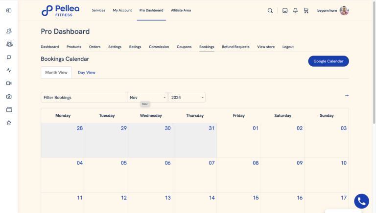 15.	Or go to https://fitness.pellea.com/pro-dashboard/wc_booking/calendar/.