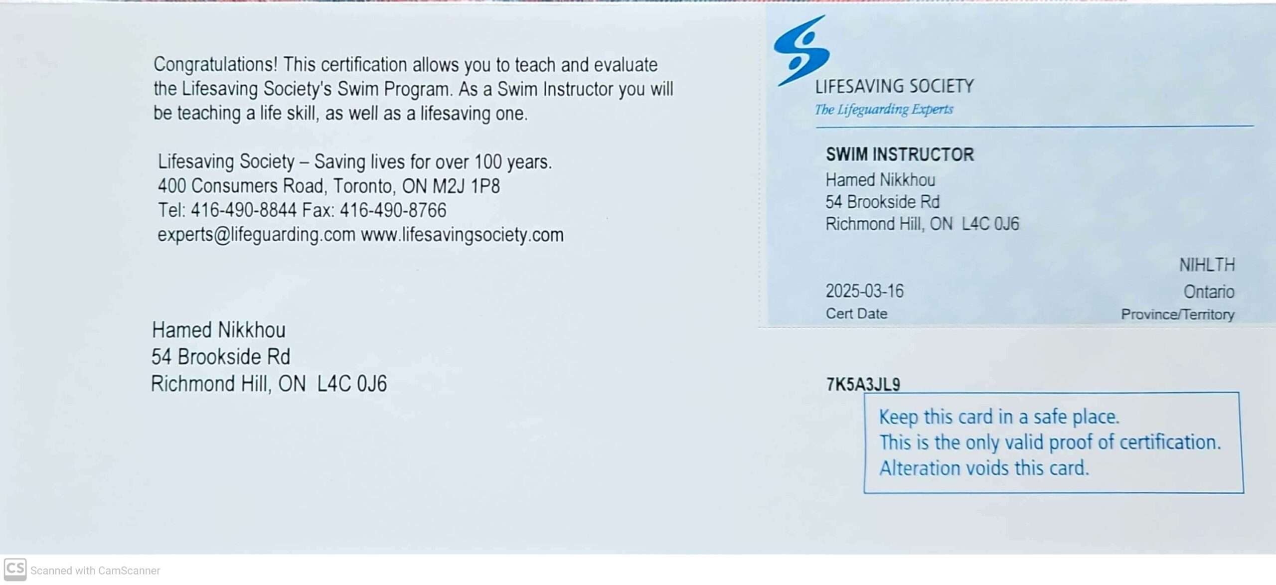 Adult Swim Lessons – Private or Semi-Private – North York or Richmond Hill Pellea Fitness - Toronto Canada - Swimming Activity - Hamed Nikhhou's Qualifications