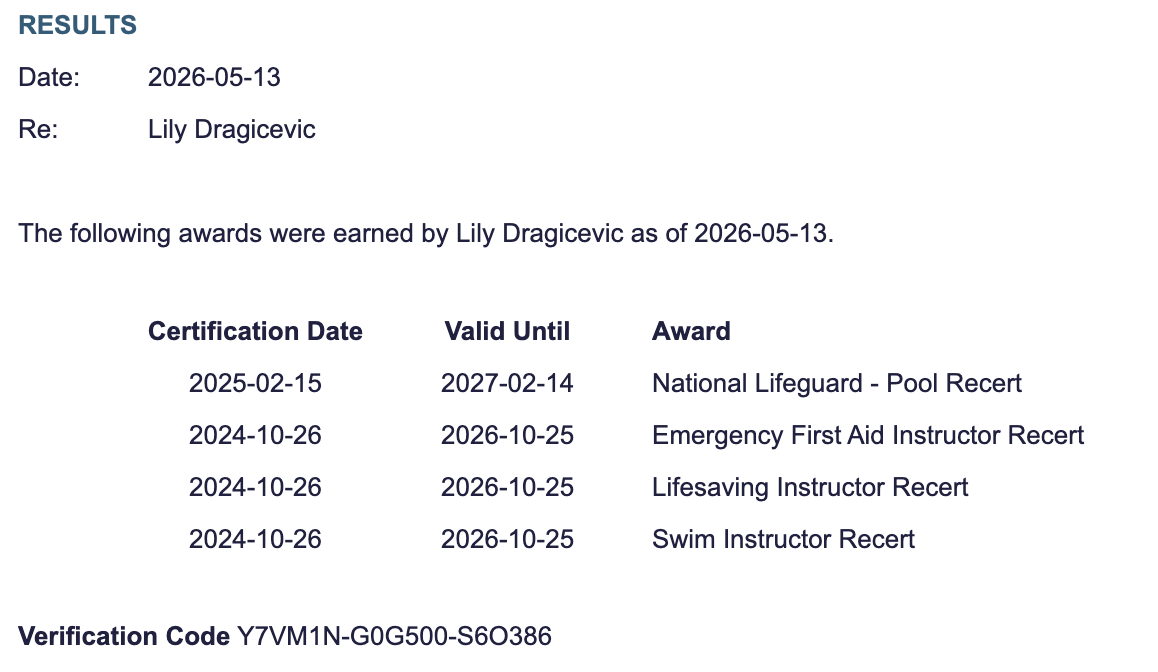 Private & Semi-Private Swim Lessons - Downtown Toronto Pellea Fitness - Toronto Canada - Swimming Activity - Lily Dragicevic's Qualifications