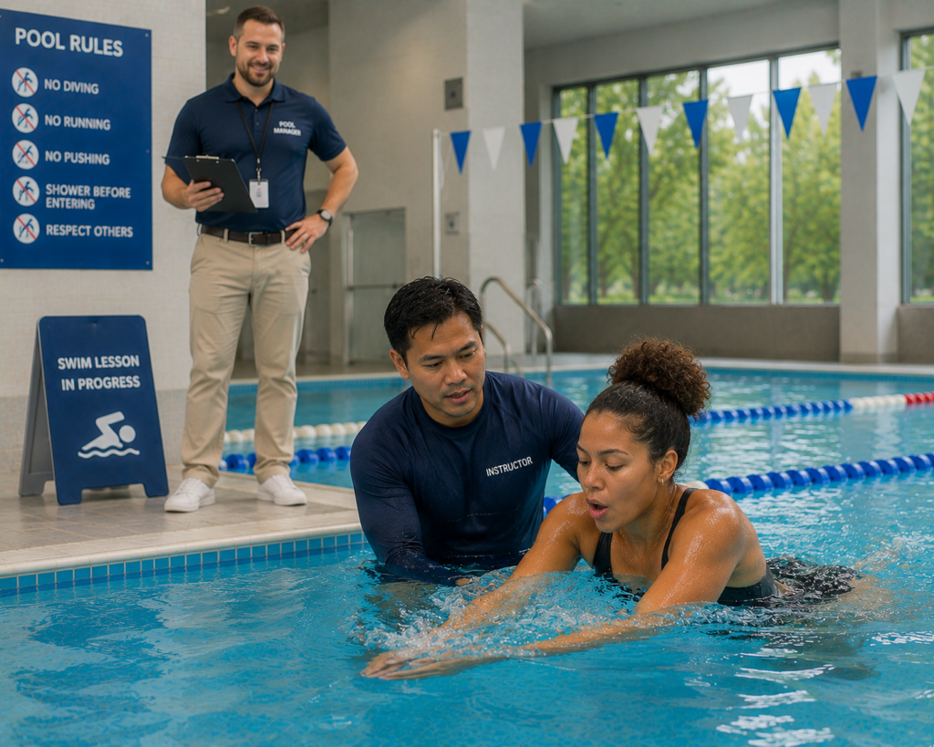 Pellea Fitness - Toronto Canada - Swimming Activity - Pool Manager Watching Swim Instructor Teaching Swimmer Breaststroke