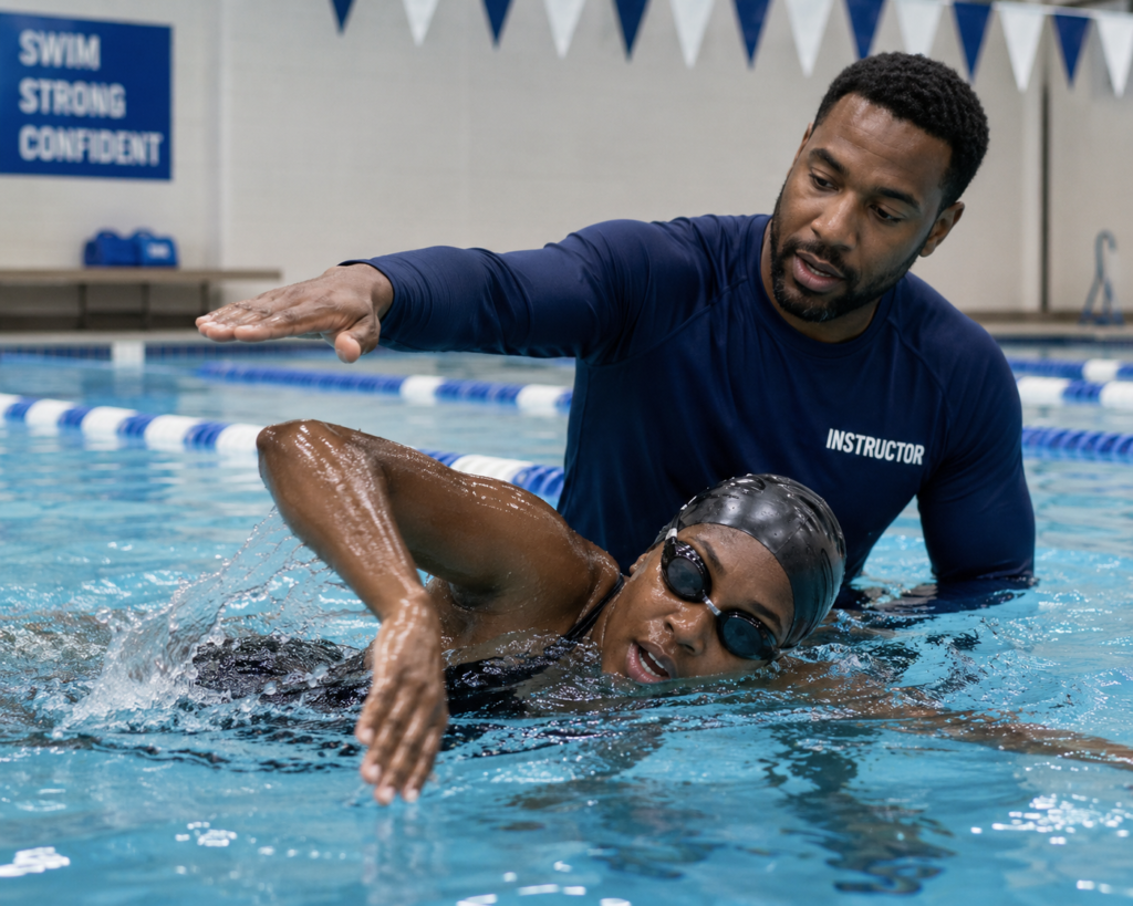 Pellea Fitness - Toronto Canada - Swimming Activity - Swim Instructor Teaching Swimmer Freestyle