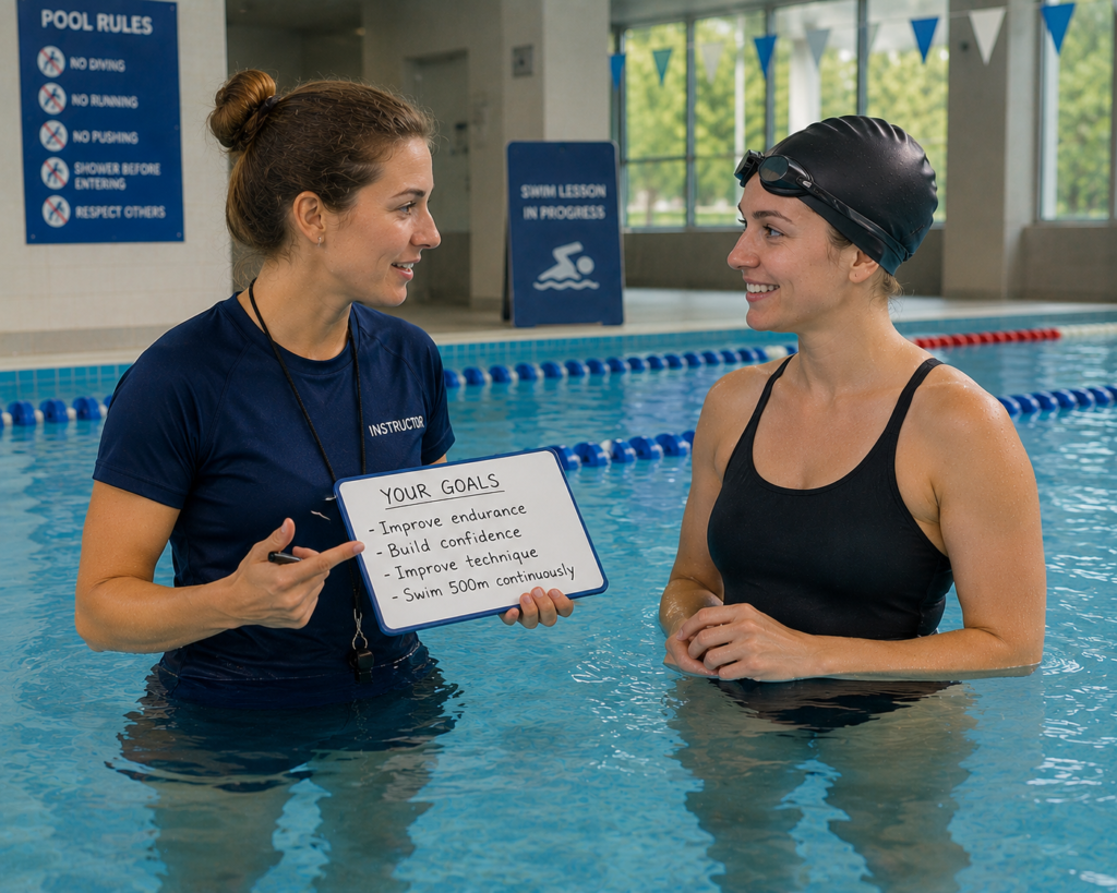 Pellea Fitness - Toronto Canada - Swimming Activity - Swim Instructor Talking to Swimmer