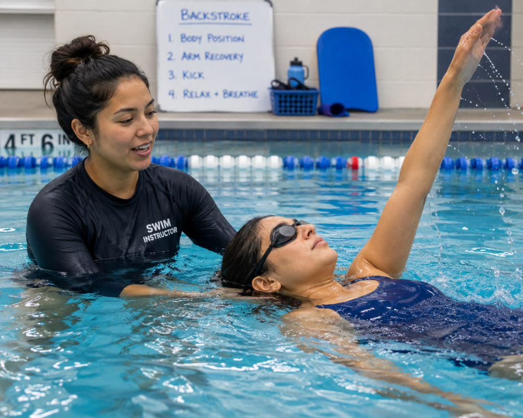 Pellea Fitness - Toronto Canada - Swimming Activity - Swim Instructor Teaching Swimmer Backstroke