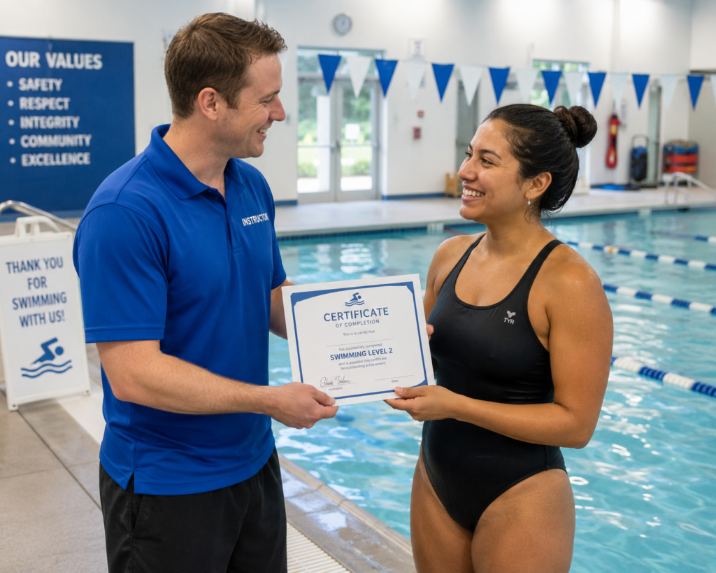 Pellea Fitness - Toronto Canada - Swimming Activity - Swim Instructor Giving Swimmer Certificate